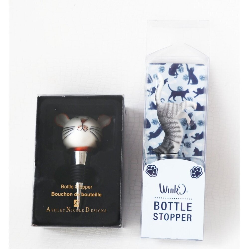 2 Cat Wine Stopper Ashley Nicole Designs Hand Blown & Cat Crawling Into Bottle